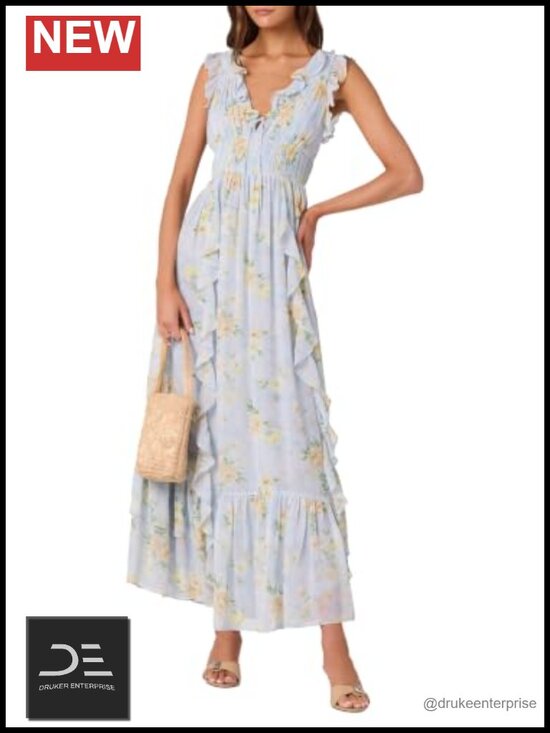 Dresses & Skirts - Floral Flutter Sleeve Maxi Dress Open Back A-line